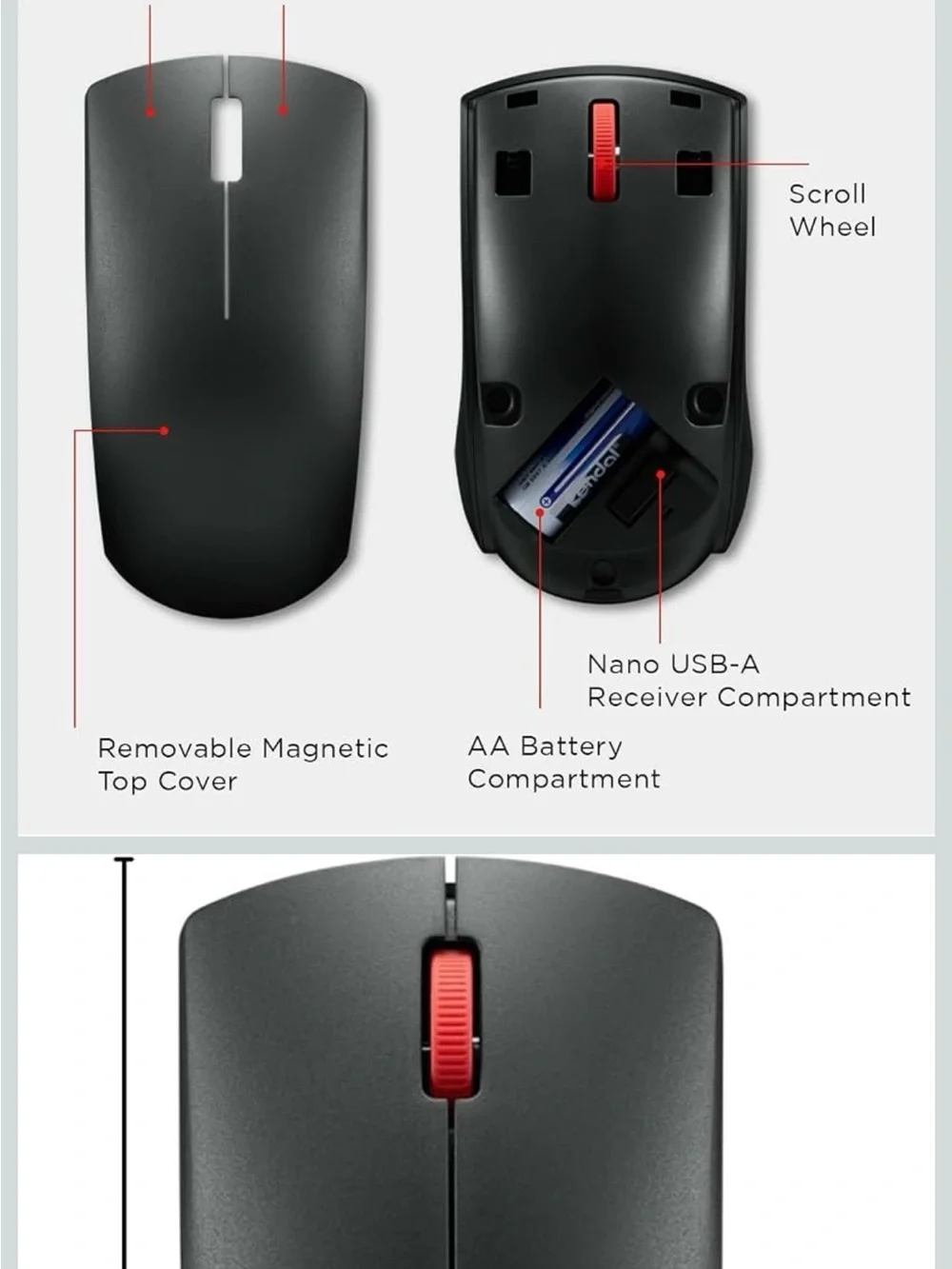 Lenovo Gray Wireless Mouse with Red Scroll Wheel